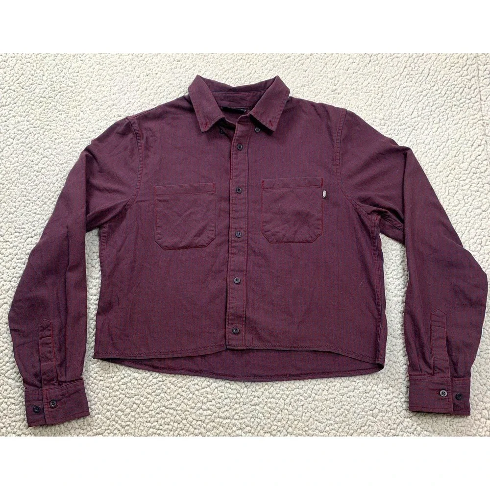 Vans Button Down Shirt Womens Small Burgundy Plaid Cropped Long Sleeve Flannel - Picture 3 of 8